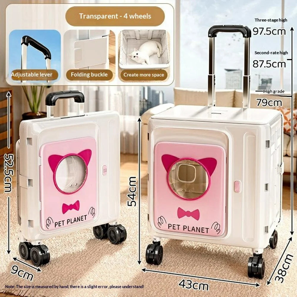 Pet Trolley Suitcase Foldable Portable 4-Wheels Transparent Breathable Cat Dog Carrier for Travel Outdoor - White / Pink - 6