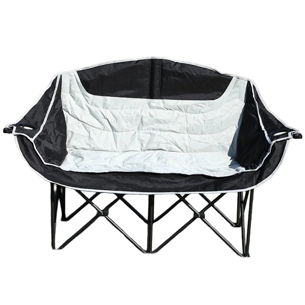 2-Person Folding Camping Chair Outdoor Loveseat Double Portable Beach Lawn Chair with Armrest Cup Holder - Black / Grey - 1
