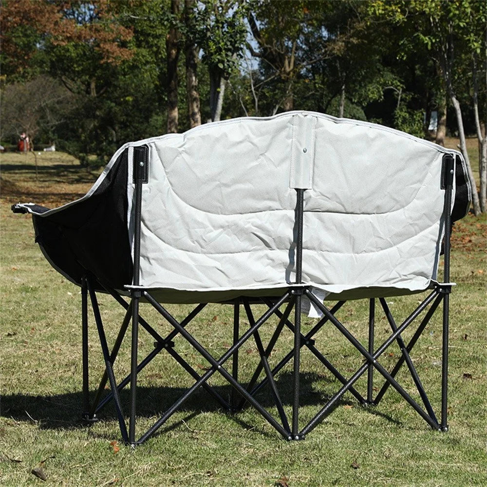 2-Person Folding Camping Chair Outdoor Loveseat Double Portable Beach Lawn Chair with Armrest Cup Holder - Black / Grey - 2