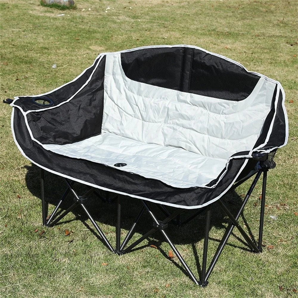 2-Person Folding Camping Chair Outdoor Loveseat Double Portable Beach Lawn Chair with Armrest Cup Holder - Black / Grey - 4