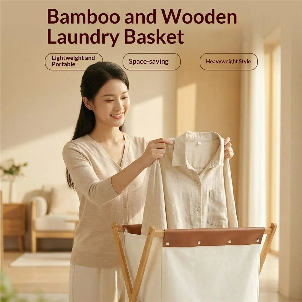 50 x 34 x 56.5cm Foldable Laundry Basket Bamboo + Oxford Cloth Storage Hamper - Size L - 2