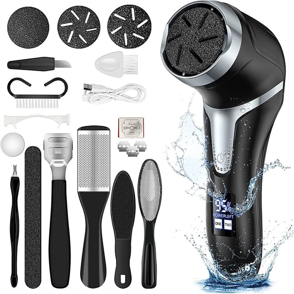 JD-510 Electric Foot File Callus Remover Pedicure Tools Foot Care Kit with 3 Roller Heads, 2 Speed, Vacuum Cleaner - Black - 1