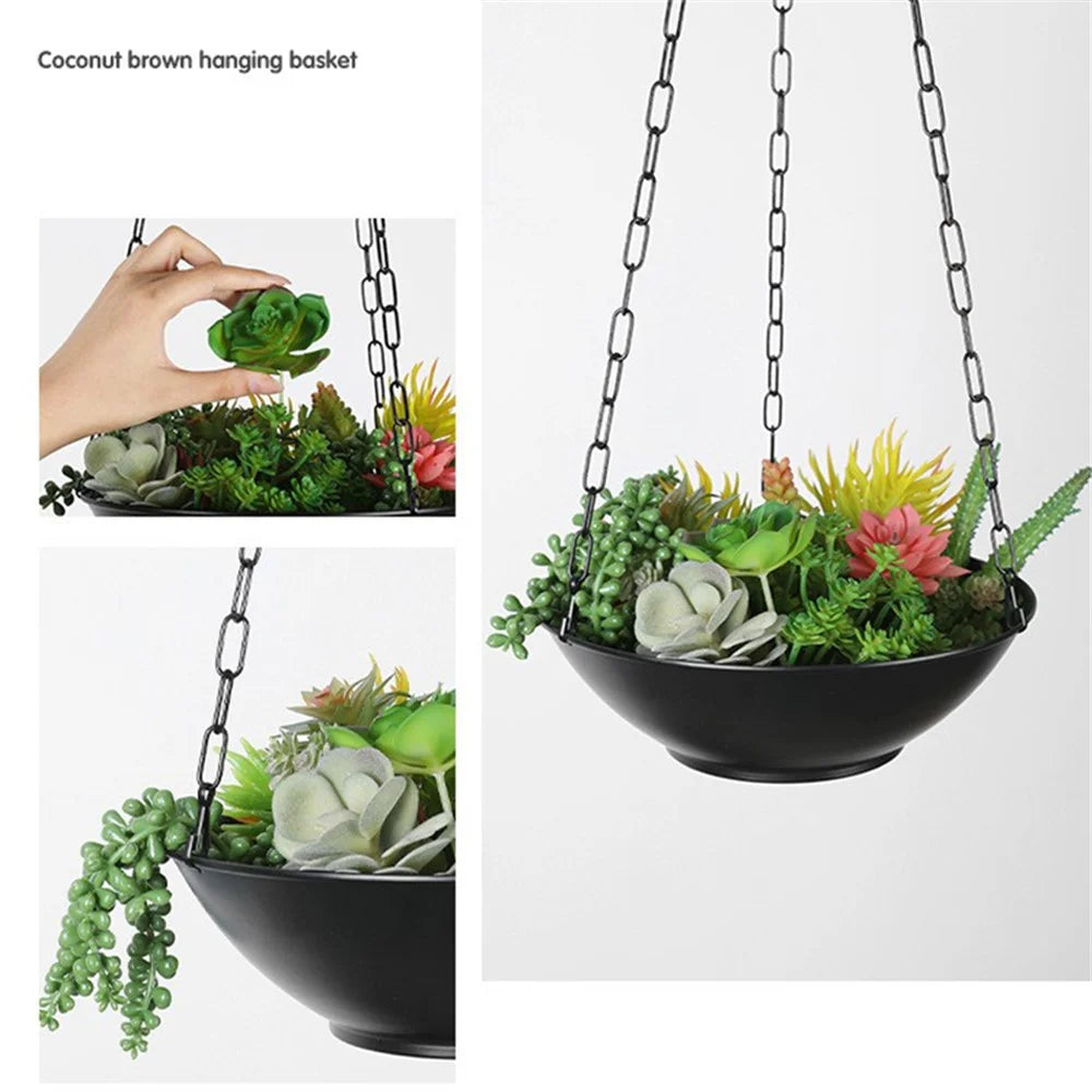 001-DL-01 Iron Hanging Flower Pot Indoor Outdoor Balcony Potted Plant Display Basket - Black - 5