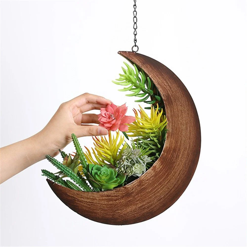 001-YL-221 Hanging Plant Pot Indoor Outdoor Balcony Potted Flower Iron Display Basket - Moon / Bronze - 4