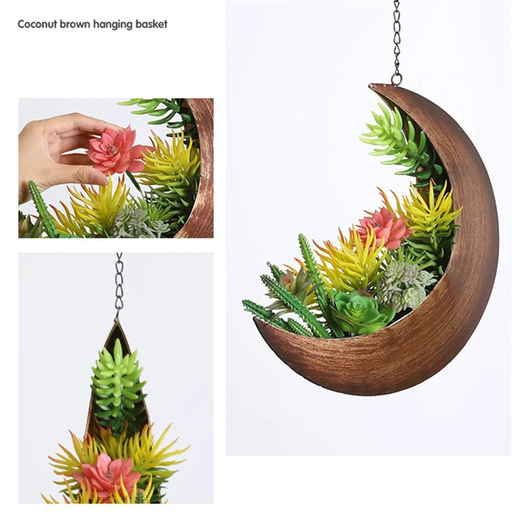 001-YL-221 Hanging Plant Pot Indoor Outdoor Balcony Potted Flower Iron Display Basket - Moon / Bronze - 5