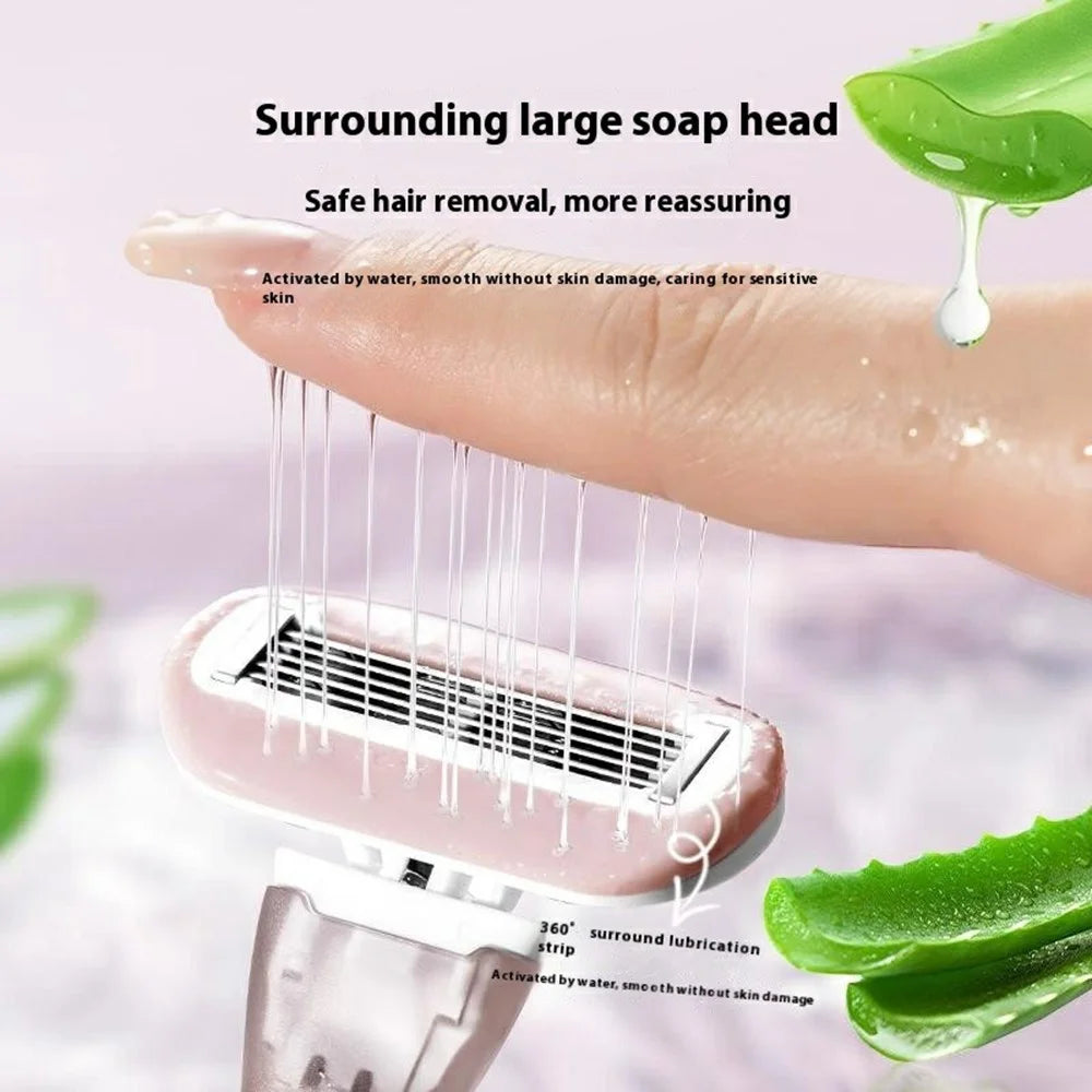 Manual Hair Removal Razor for Women Legs Underarms Bikini Area Long Handle Trimmer, 1 Handle + 2 Heads - Green - 3