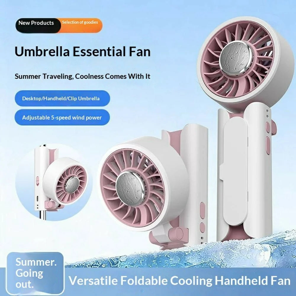 Mini Folding Fan Ice Cooling 5-Speed Handheld Portable Desktop Umbrella Clip Fan for Summer - White / Pink - 2