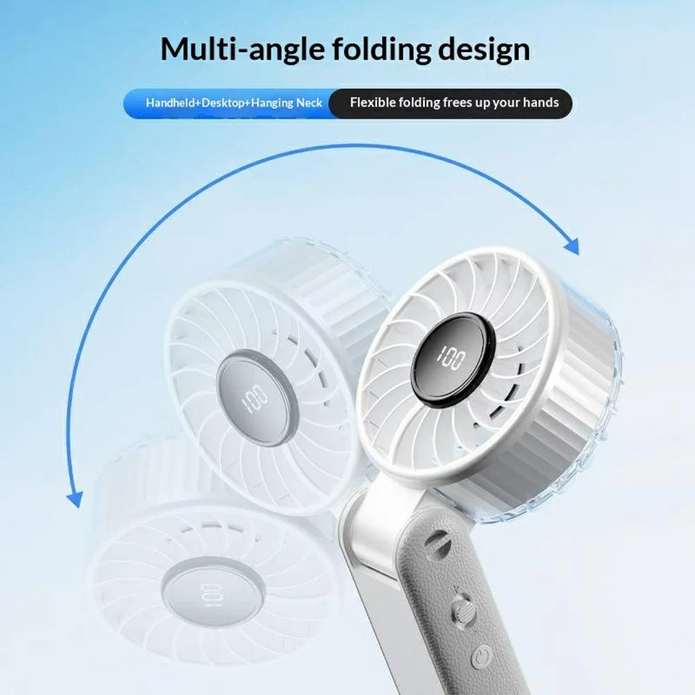 RD26 Folding Fan 100-Speed Adjustable 3000mAh Handheld Desktop Neck Hanging Mini Fan with LED Display - White - 4