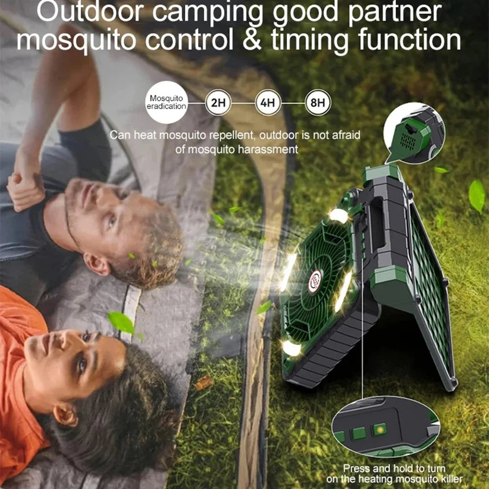 x99 Solar USB Fan 5200mAh Power Bank Phone Charger with Light for Home Outdoor Camping - Blackish Green - 4