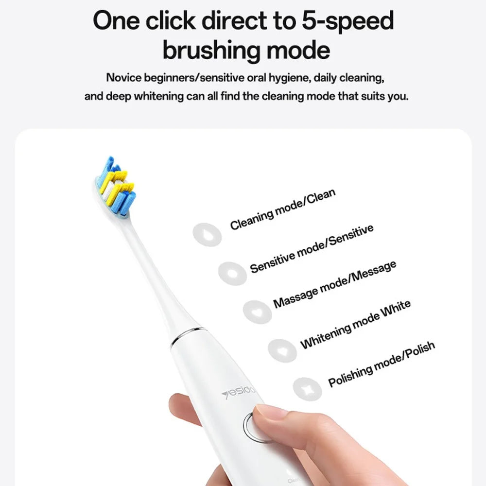 YESIDO MG24 IPX7 Waterproof Sonic Electric Toothbrush 38400 VPM Long Battery Ergonomic Handle - White - 6