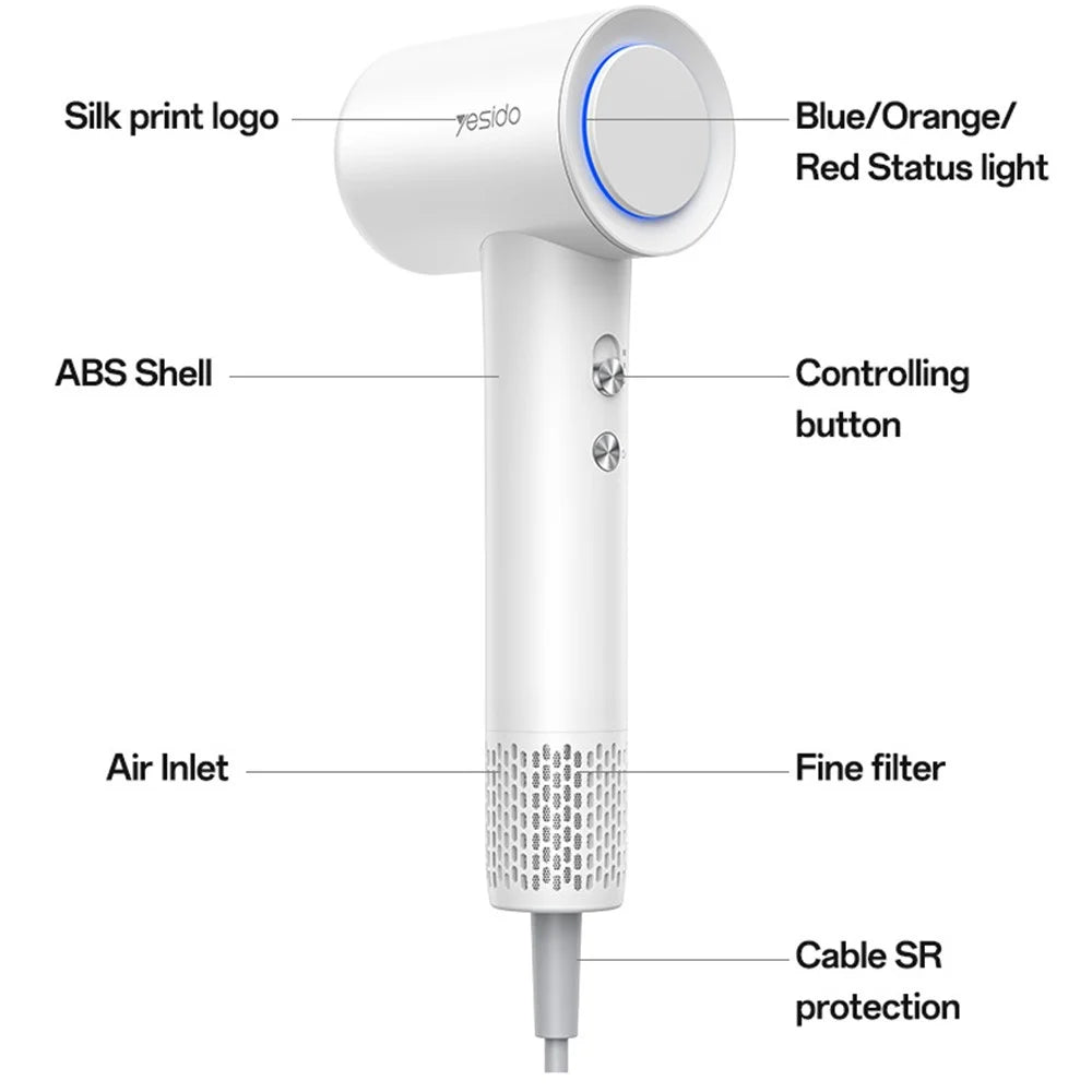 YESIDO MG22 High Speed Hair Dryer 100000RPM Brushless Motor Ionic Technology Blow Dryer - White / EU Plug - 7
