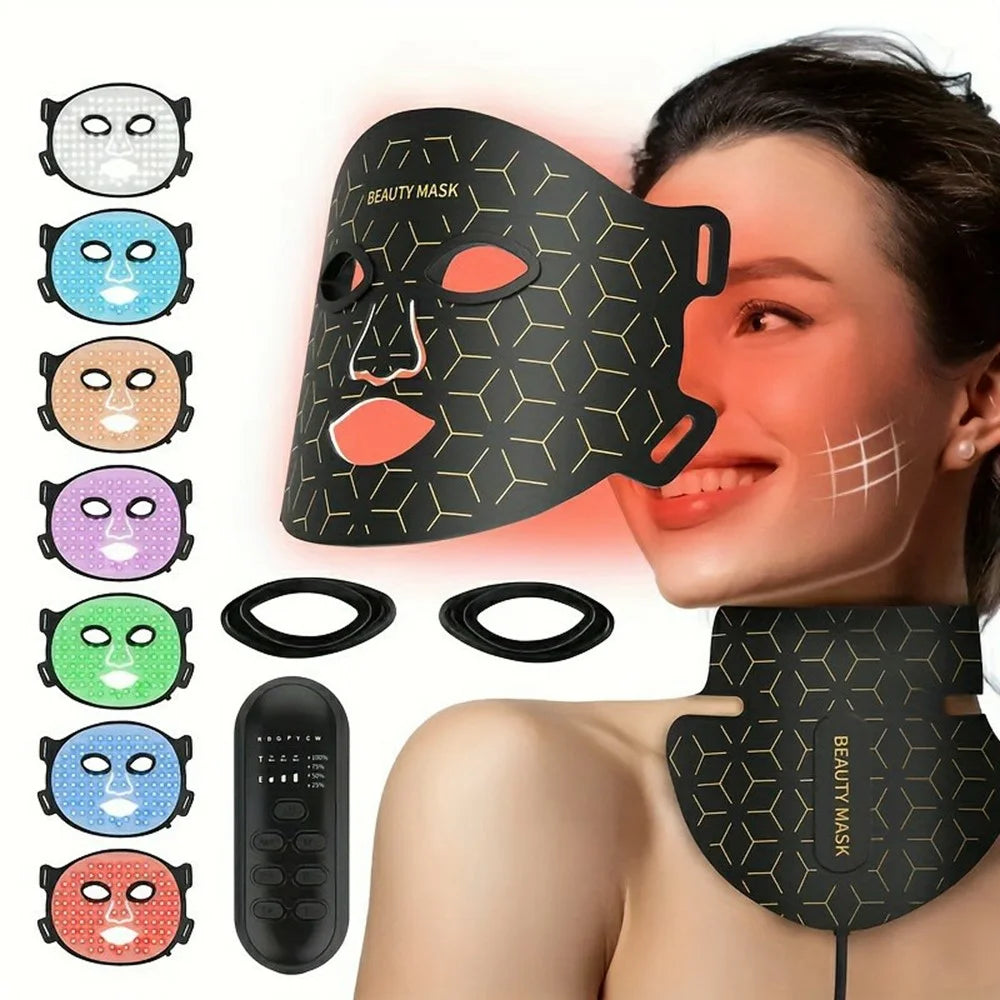 LED Light Therapy Mask 7 Color Silicone Face / Neck Beauty Device Skin Rejuvenation For Home Use - Black - 2