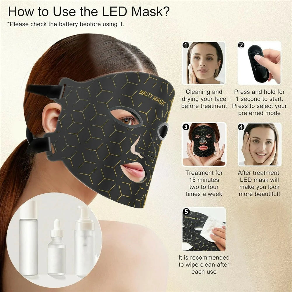 LED Light Therapy Mask 7 Color Silicone Face / Neck Beauty Device Skin Rejuvenation For Home Use - Black - 5