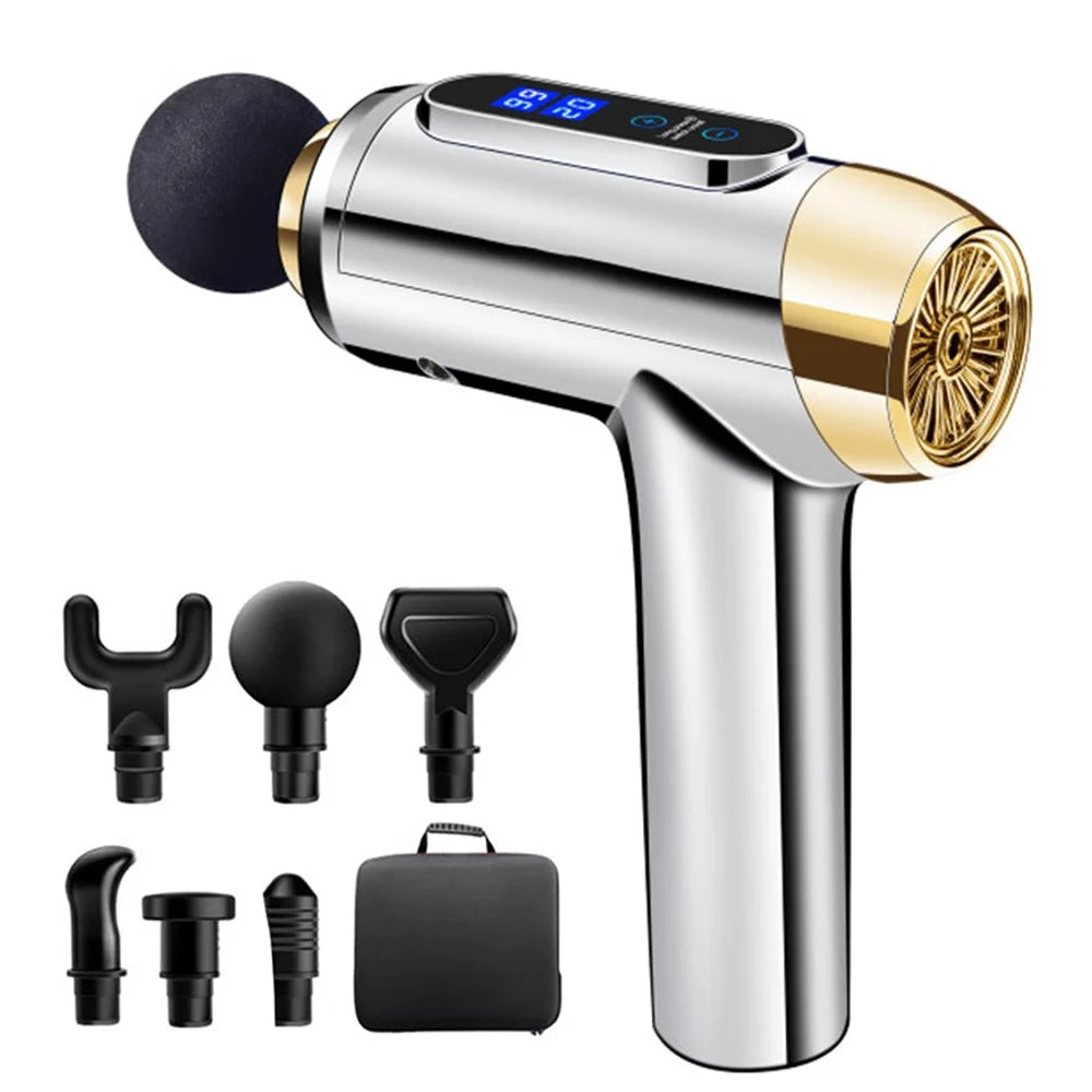 QY-005 Electroplated Style Touch Screen Rechargeable Deep Tissue Muscle Relaxation Massager Electronic 20-Gear Vibration Pain Relieve Fascia Massage Gun with 6 Massage Head - Silver/US Plug - 1