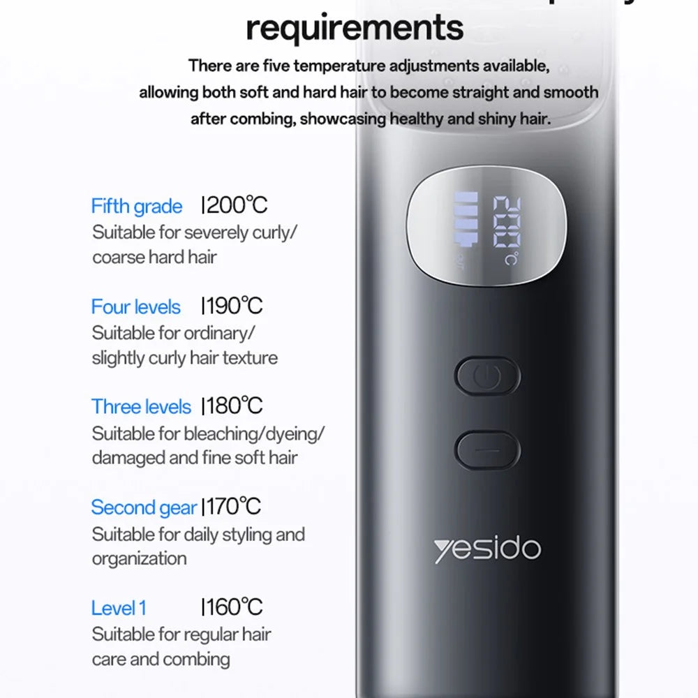 YESIDO MG23 Wireless Hair Straightener Brush 2 in 1 Straighten and Curl Styling Tool 3 Temp Settings Digital Display - Black - 5