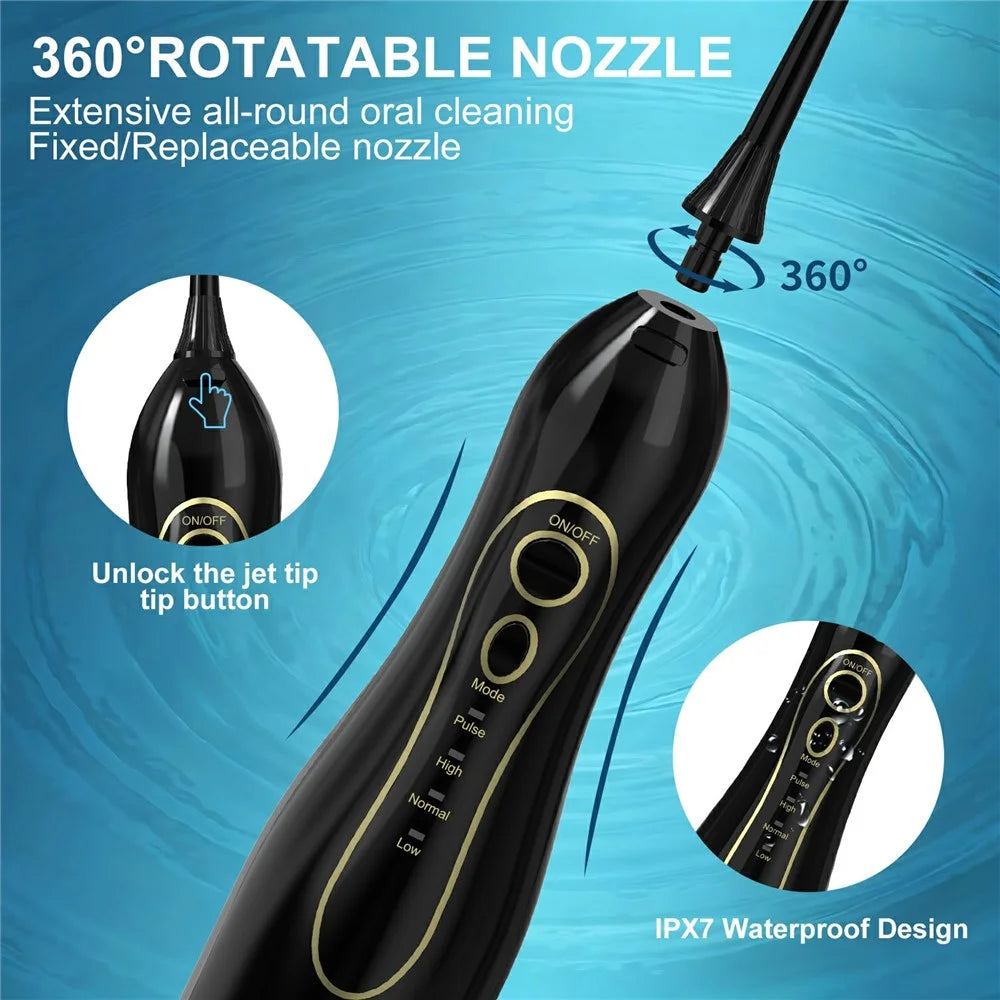 F5 Portable Electric Water Flosser IPX7 Waterproof 4 Modes 5 Nozzles Cleaning Oral Irrigator for Dental Care - Black - 7