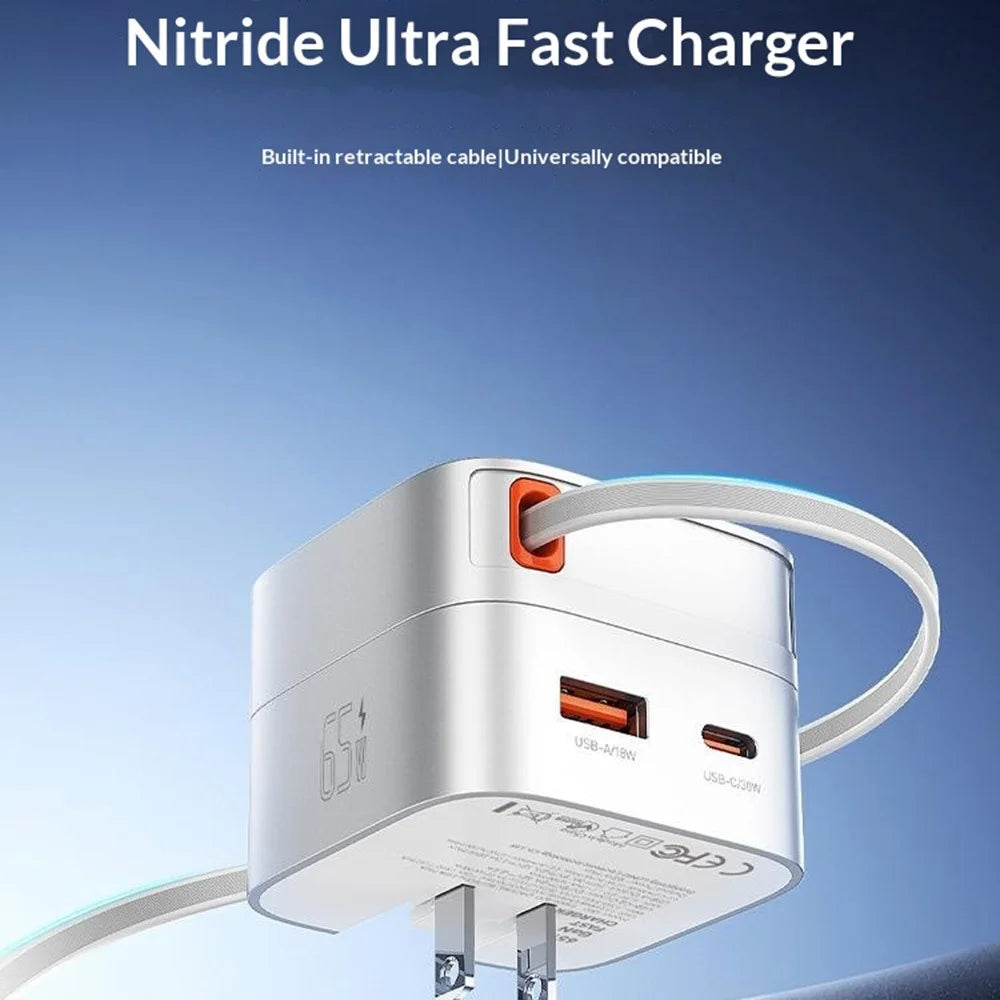 LDNIO Q10 65W GaN Fast Charger Built-in 80cm Retractable USB-C Cable Dual Port Power Adapter for Laptop / Tablet / Smartphone - White - 4