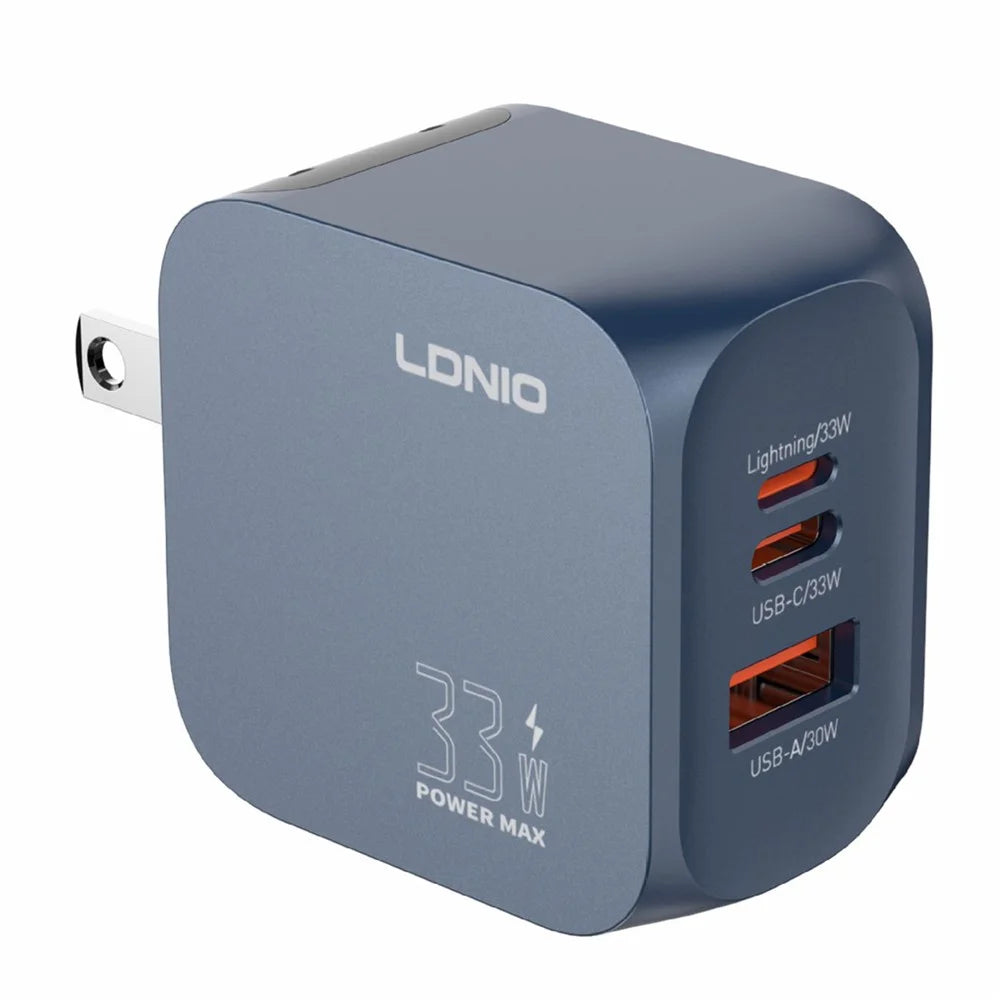 LDNIO Q5 33W GaN Fast Charger 3-Port USB-C iP (5-14) USB-A PD Fast Charging Station for iPhone iPad Earphones - Blue / US Plug - 1