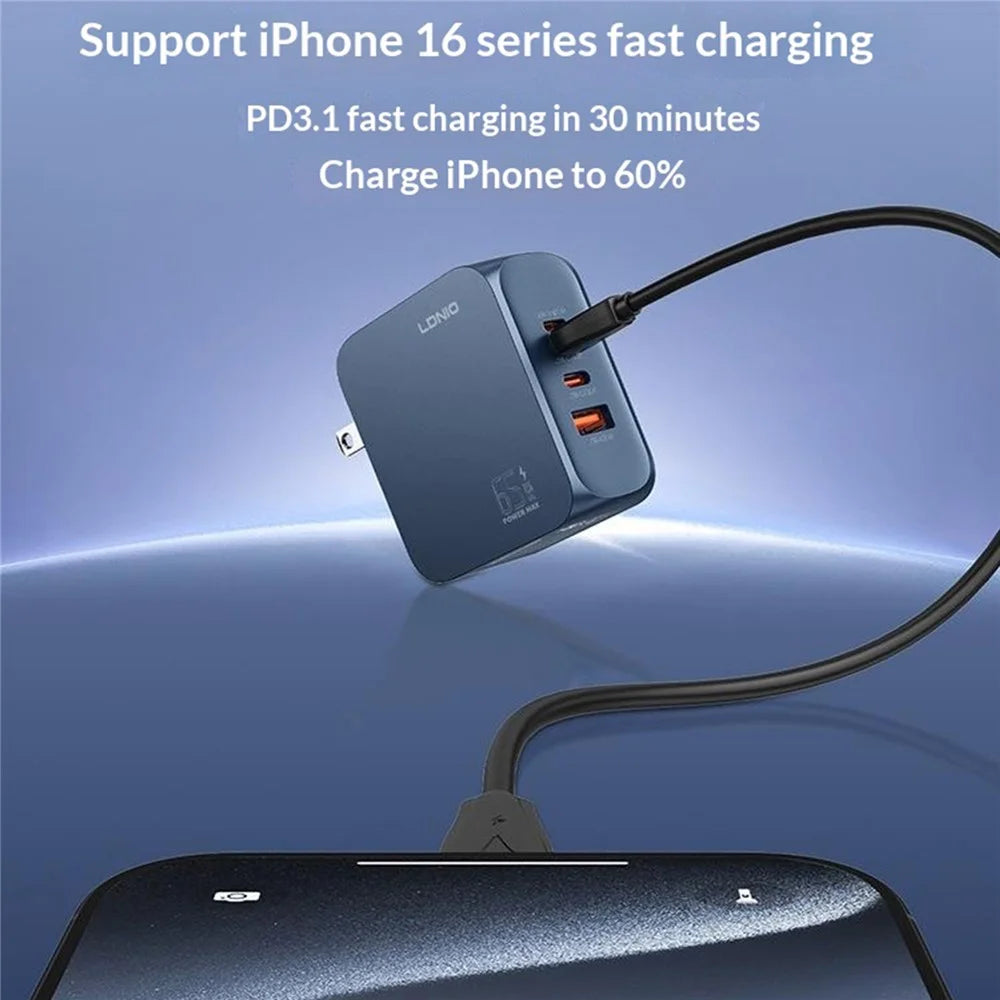 LDNIO Q5 33W GaN Fast Charger 3-Port USB-C iP (5-14) USB-A PD Fast Charging Station for iPhone iPad Earphones - Blue / US Plug - 2