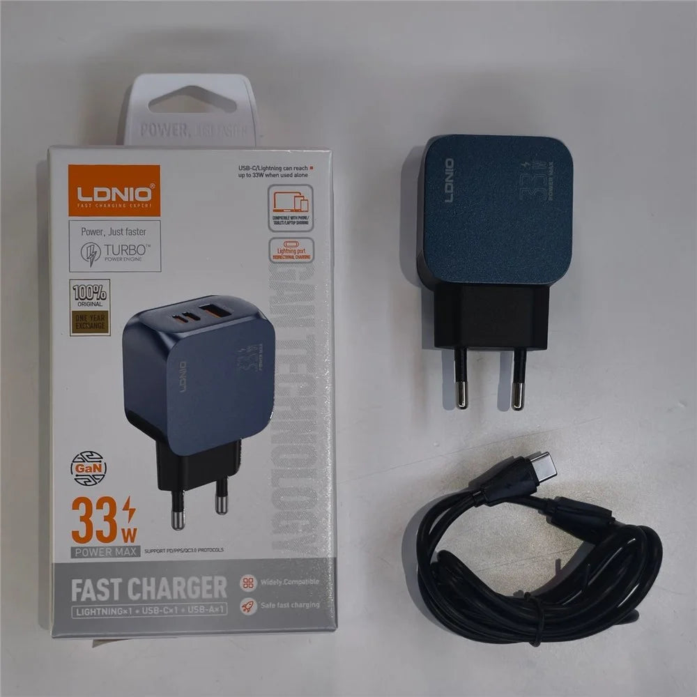 LDNIO Q5 33W GaN Fast Charger 3-Port USB-C iP (5-14) USB-A PD Fast Charging Station for iPhone iPad Earphones - Blue / US Plug - 6