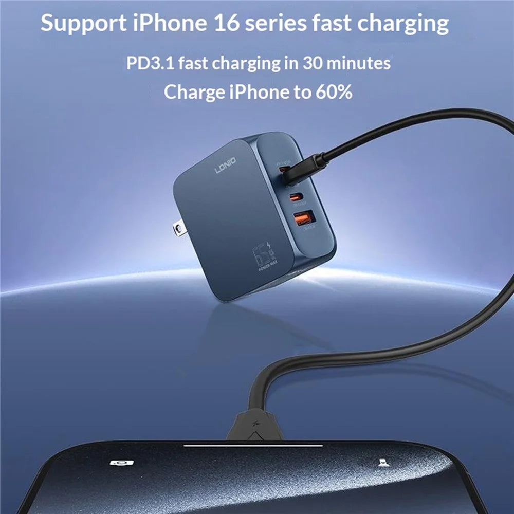 LDNIO Q6 45W GaN Charger Dual Port USB-C USB-A Fast Charging Station for Phone Tablet Laptop - Blue / EU Plug - 2
