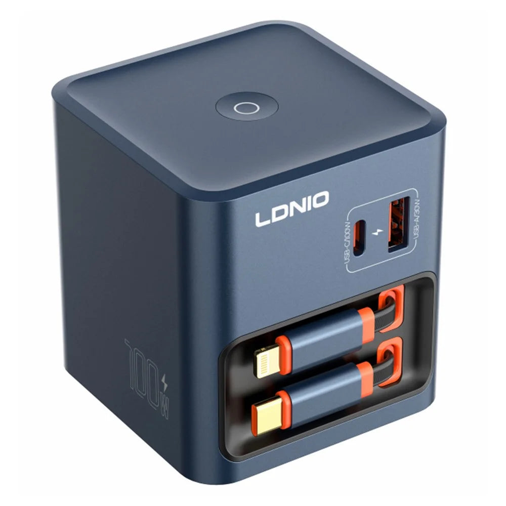 LDNIO Q16 100W GaN Desktop Charger 4-Port USB-C Retractable Cable Fast Charging Station with Smart Digital Display - Blue / EU Plug - 1