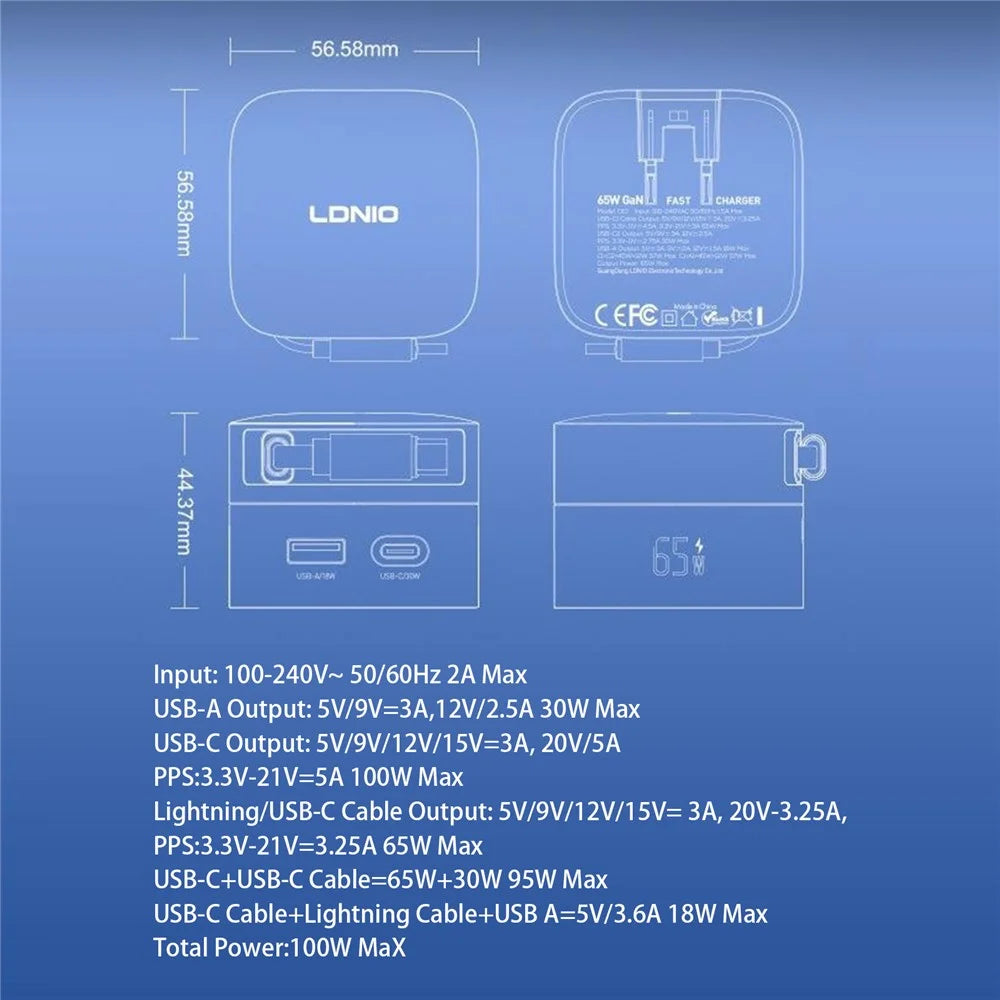 LDNIO Q16 100W GaN Desktop Charger 4-Port USB-C Retractable Cable Fast Charging Station with Smart Digital Display - Blue / EU Plug - 5