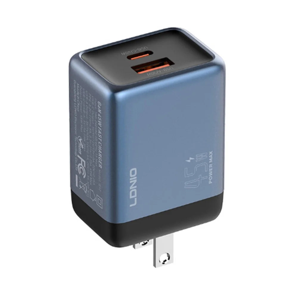 LDNIO Q12 45W GaN Fast Charger Dual Port Interchangeable Plug Universal Travel Charging Adapter - Black Blue / US Plug - 1