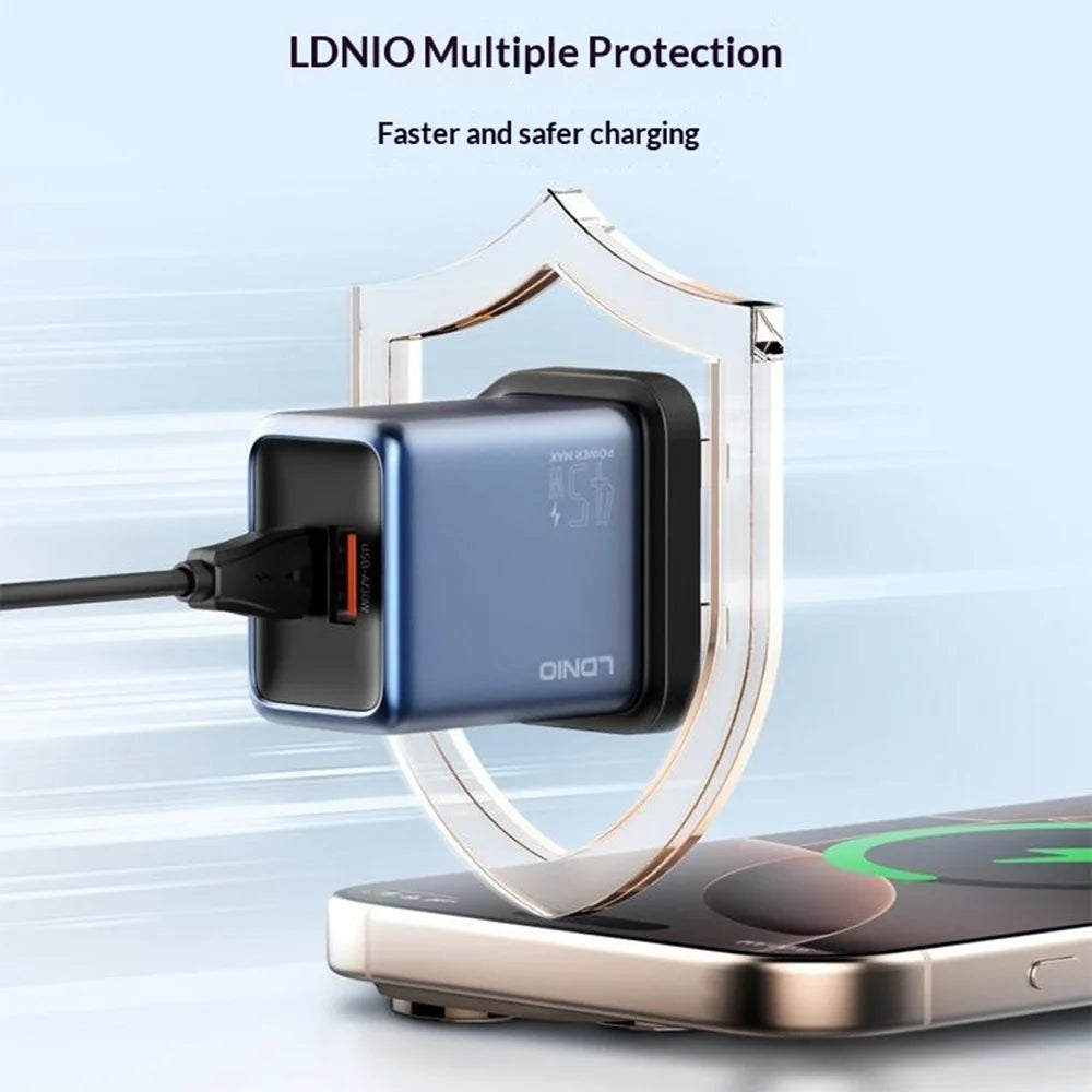 LDNIO Q12 45W GaN Fast Charger Dual Port Interchangeable Plug Universal Travel Charging Adapter - Black Blue / US Plug - 2