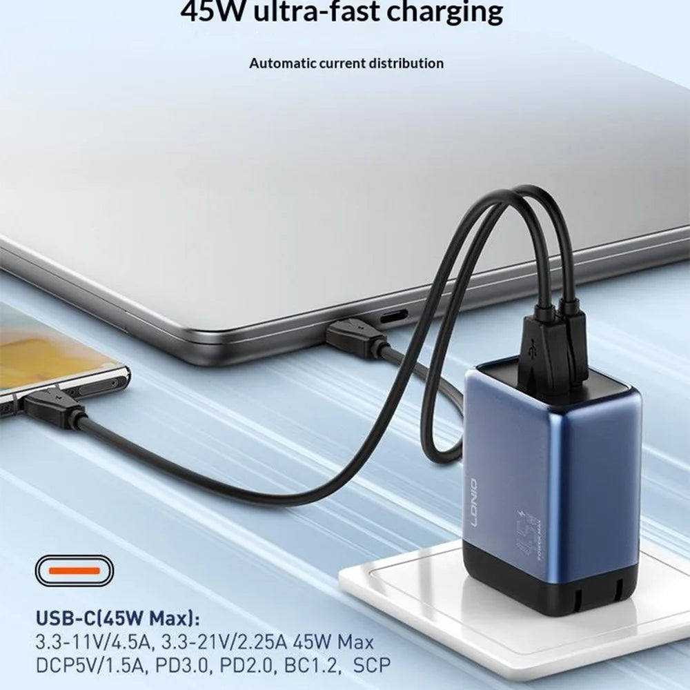 LDNIO Q12 45W GaN Fast Charger Dual Port Interchangeable Plug Universal Travel Charging Adapter - Black Blue / US Plug - 4