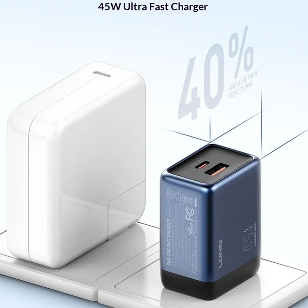 LDNIO Q12 45W GaN Fast Charger Dual Port Interchangeable Plug Universal Travel Charging Adapter - Black Blue / US Plug - 5