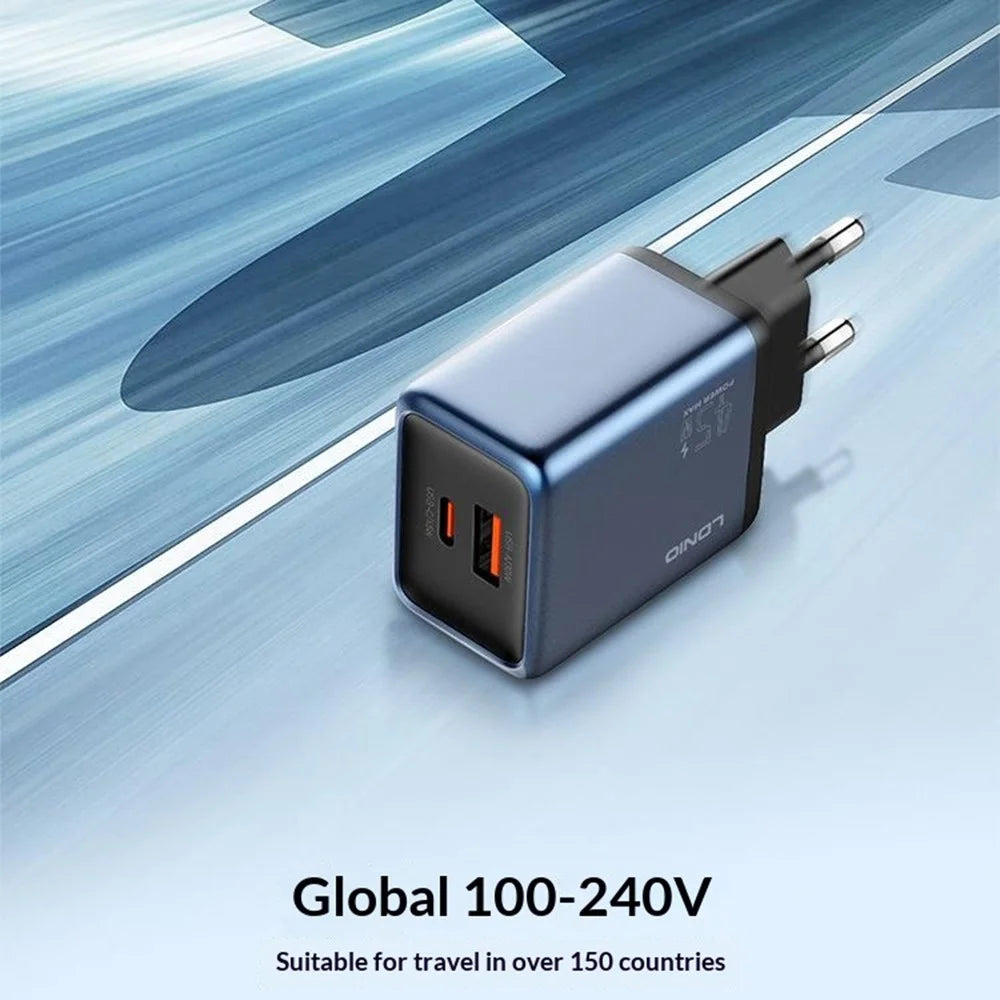LDNIO Q12 45W GaN Fast Charger Dual Port Interchangeable Plug Universal Travel Charging Adapter - Black Blue / US Plug - 6