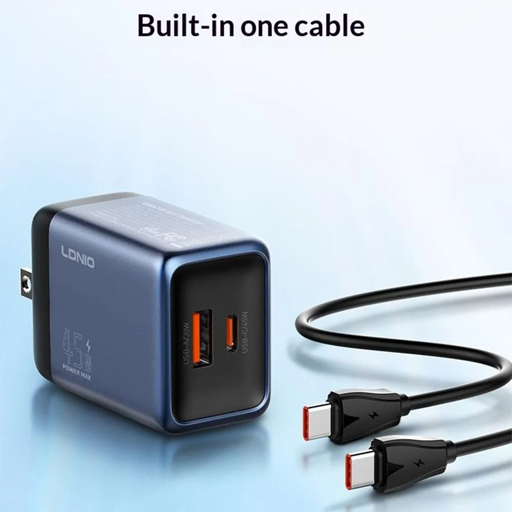 LDNIO Q12 45W GaN Fast Charger Dual Port Interchangeable Plug Universal Travel Charging Adapter - Black Blue / US Plug - 7
