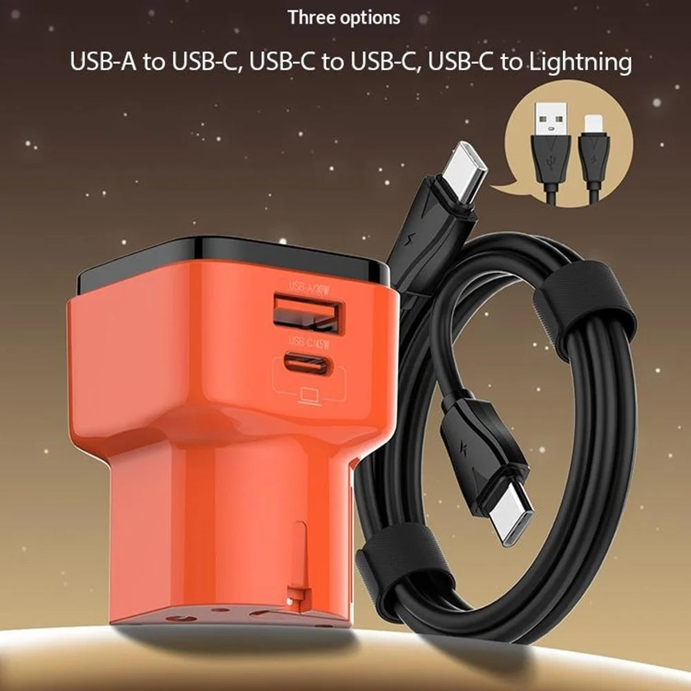 LDNIO Q2420 45W GaN Fast Charger with USB-C Cable Dual Port USB-C USB-A Global Travel PD Fast Charging Adapter - Orange - 2
