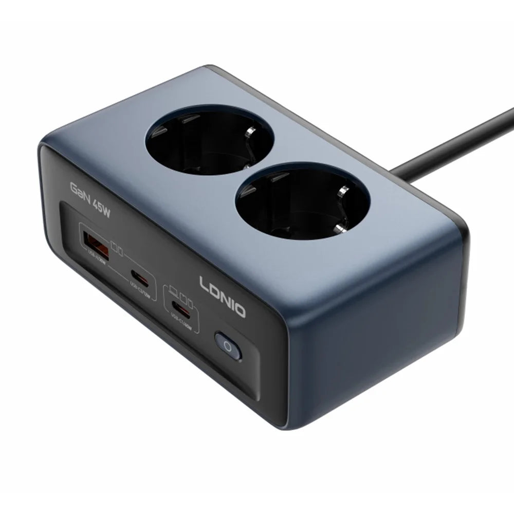 LDNIO SE3 45W GaN Power Strip 2 AC Outlets 3 USB Ports PD Fast Charging Power Socket Desktop Charger - Blue / EU Plug - 1