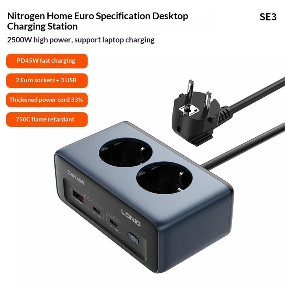 LDNIO SE3 45W GaN Power Strip 2 AC Outlets 3 USB Ports PD Fast Charging Power Socket Desktop Charger - Blue / EU Plug - 2