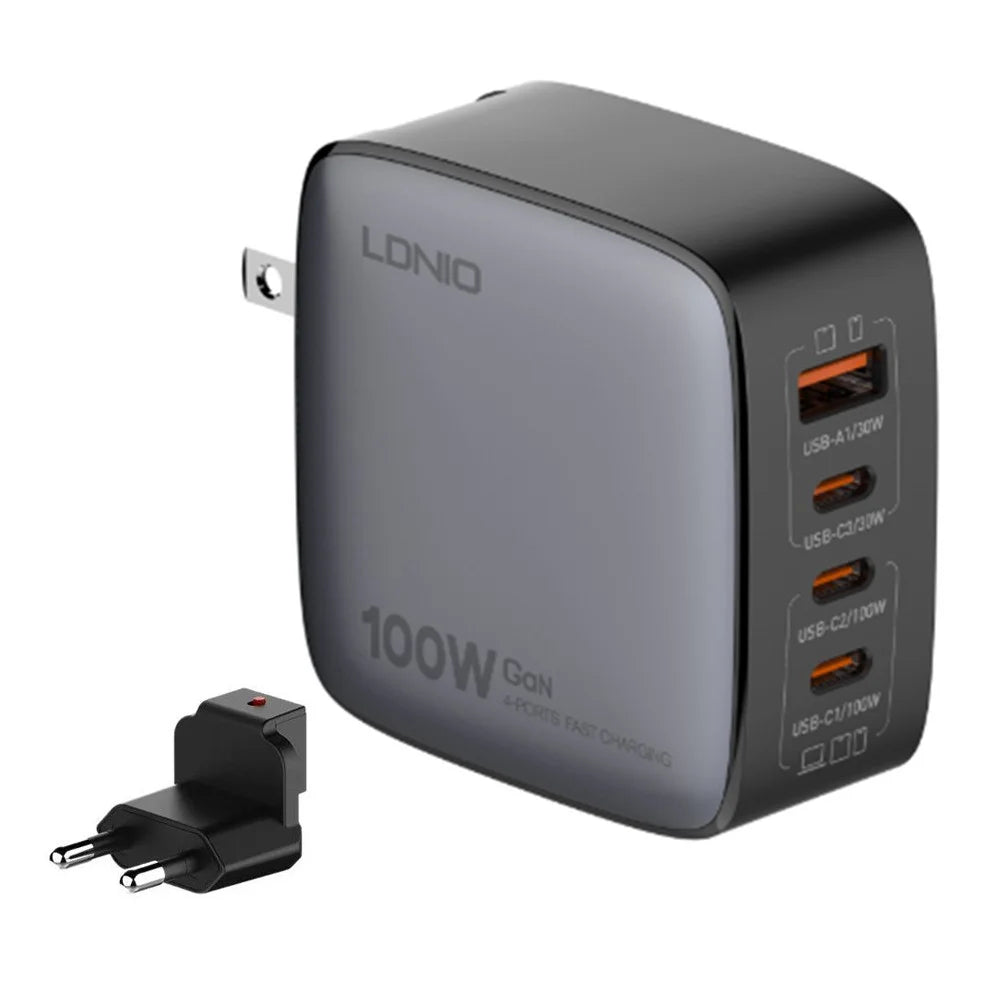 LDNIO Q408 100W GaN Charger Portable Travel 4-Port 3 USB-C + 1 USB-A PD Fast Charging Station for Phone Laptop - Grey / EU Plug - 1