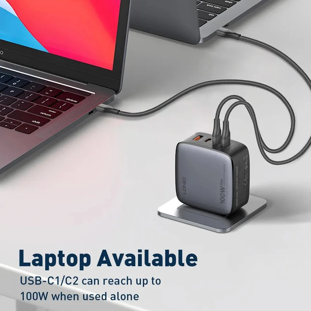 LDNIO Q408 100W GaN Charger Portable Travel 4-Port 3 USB-C + 1 USB-A PD Fast Charging Station for Phone Laptop - Grey / EU Plug - 3