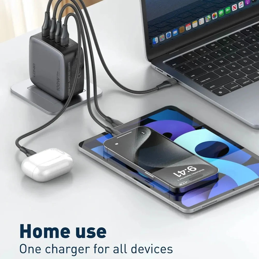 LDNIO Q408 100W GaN Charger Portable Travel 4-Port 3 USB-C + 1 USB-A PD Fast Charging Station for Phone Laptop - Grey / EU Plug - 5