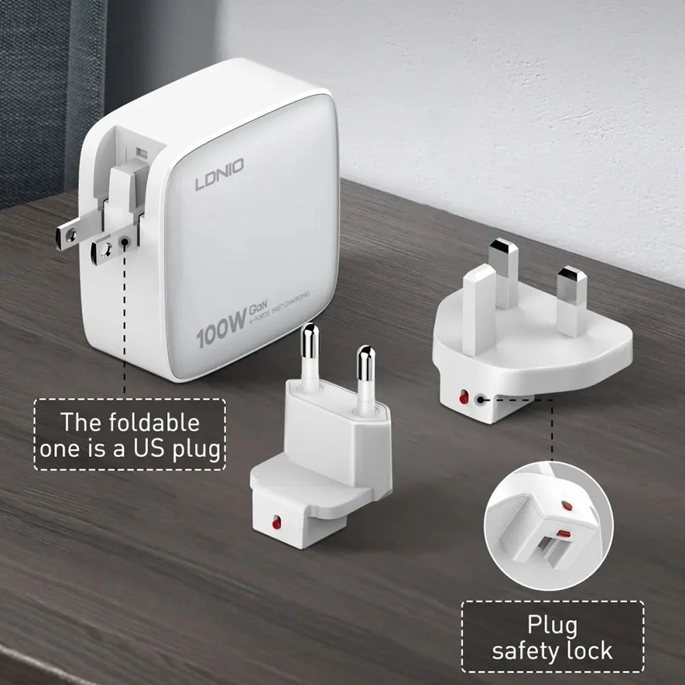 LDNIO Q408 100W GaN Charger Portable Travel 4-Port 3 USB-C + 1 USB-A PD Fast Charging Station for Phone Laptop - Grey / EU Plug - 6