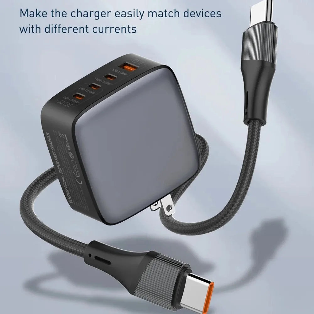 LDNIO Q408 100W GaN Charger Portable Travel 4-Port 3 USB-C + 1 USB-A PD Fast Charging Station for Phone Laptop - Grey / EU Plug - 7