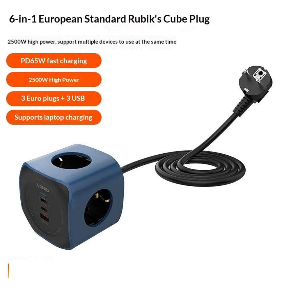 LDNIO SE3338 65W GaN Power Strip 3 AC Outlets 3 USB Ports Fast Charging Station Power Socket with 2m Cable for Office Travel - Blue / EU Plug - 2