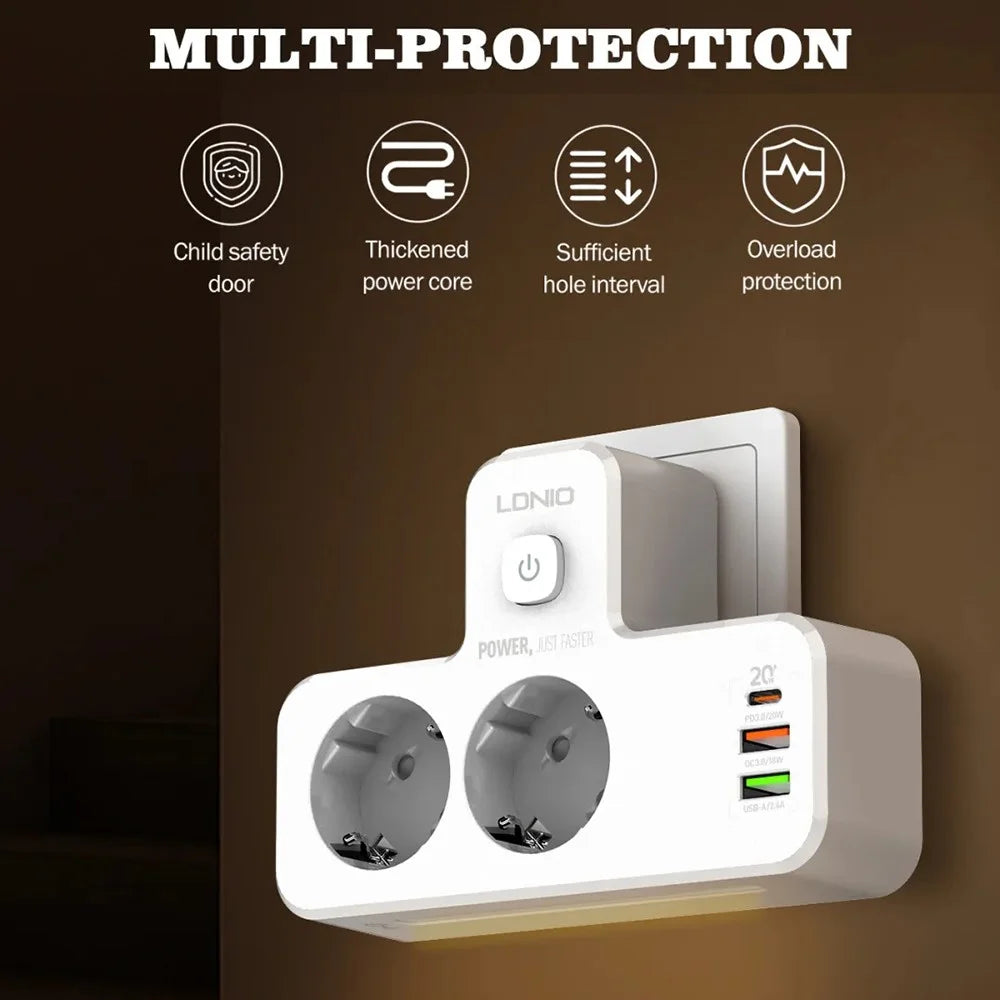 LDNIO SE2337 20W PD Fast Charging Power Strip 2 AC Outlets 3 USB Ports Wall Plug Design Charging Station Power Socket with Night Light - White / EU Plug - 4