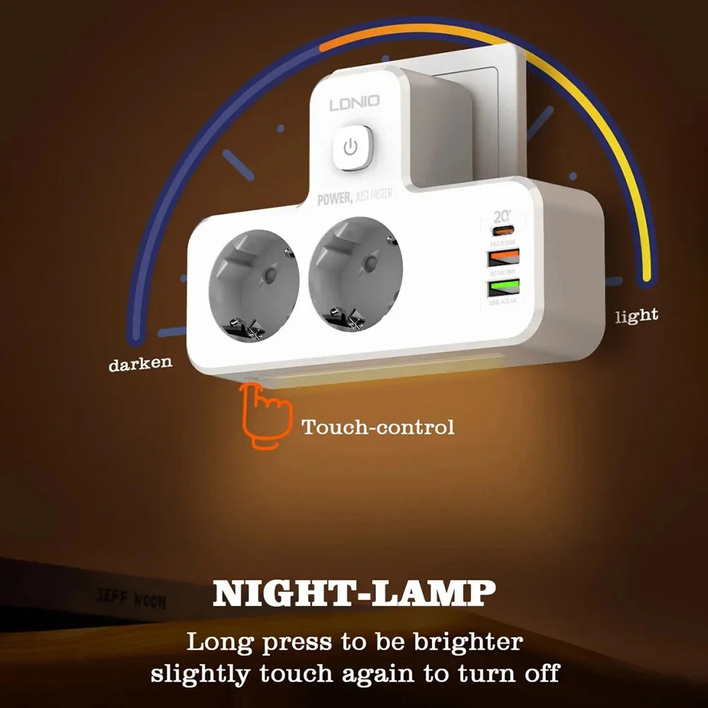 LDNIO SE2337 20W PD Fast Charging Power Strip 2 AC Outlets 3 USB Ports Wall Plug Design Charging Station Power Socket with Night Light - White / EU Plug - 5