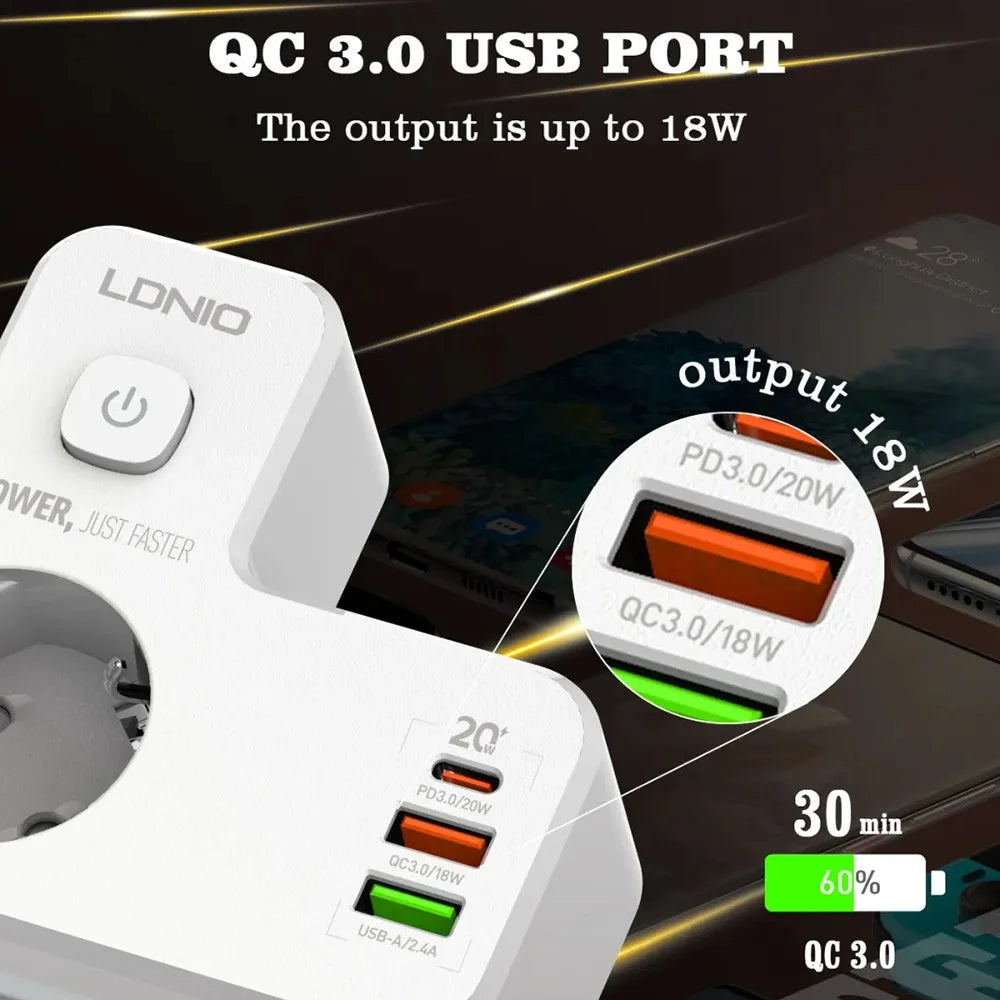 LDNIO SE2337 20W PD Fast Charging Power Strip 2 AC Outlets 3 USB Ports Wall Plug Design Charging Station Power Socket with Night Light - White / EU Plug - 7