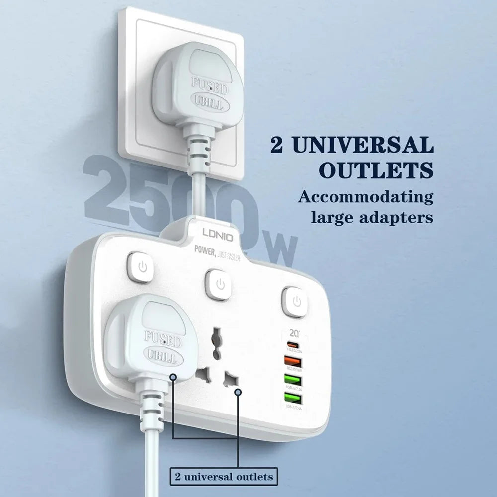 LDNIO SC2413 20W Power Strip 2500W 2 AC Outlets 4 USB Ports PD Fast Charging Extension Power Socket - White / EU Plug - 4