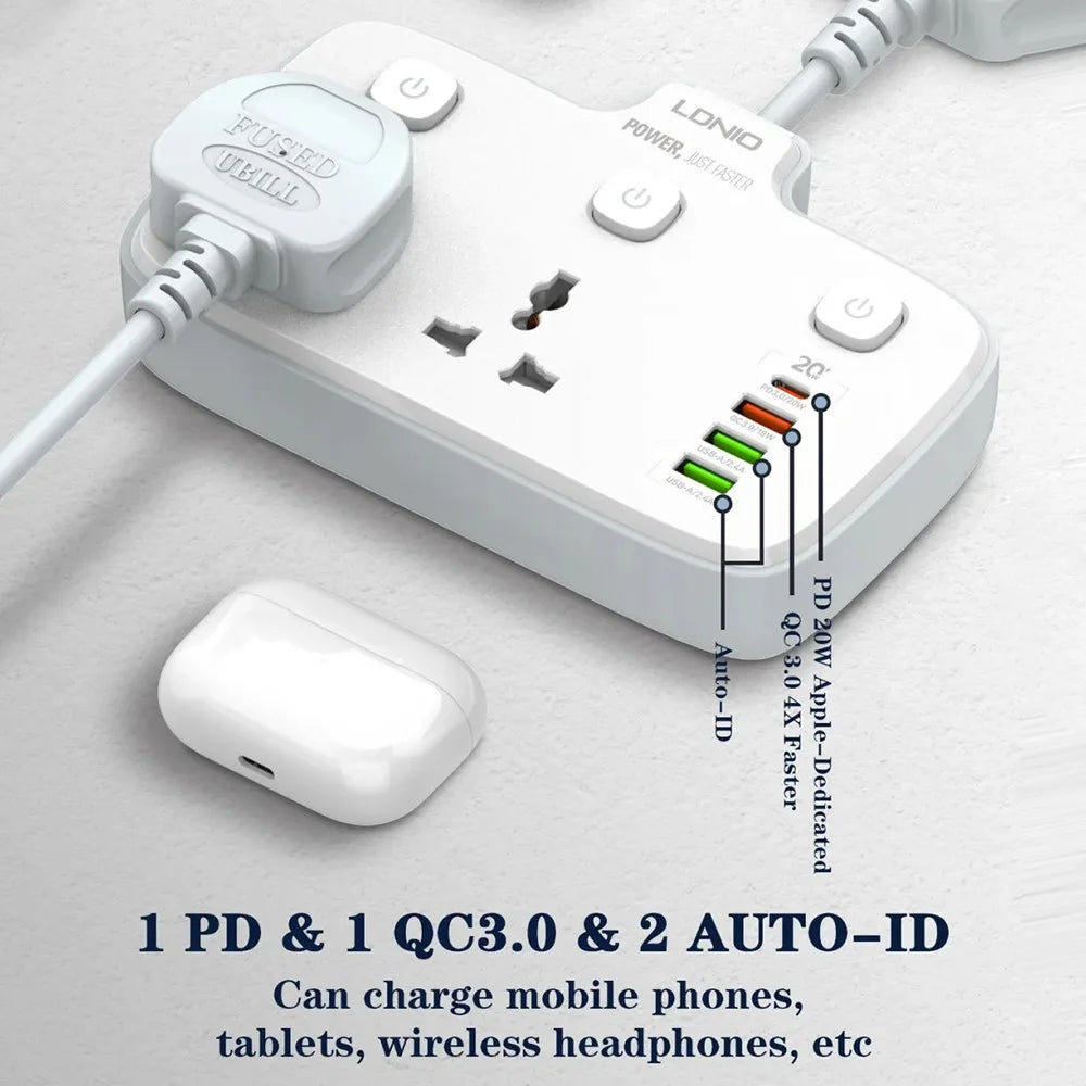 LDNIO SC2413 20W Power Strip 2500W 2 AC Outlets 4 USB Ports PD Fast Charging Extension Power Socket - White / EU Plug - 5