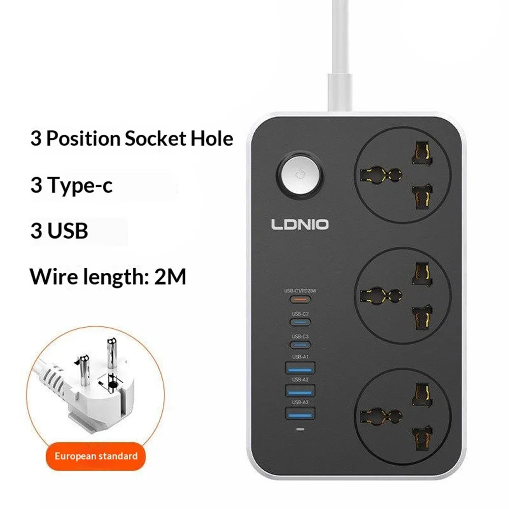 LDNIO SC3604C 20W Fast Charging Power Strip 3 AC Outlets 6 USB Ports Power Socket with 2m Cable - Black / EU Plug - 2