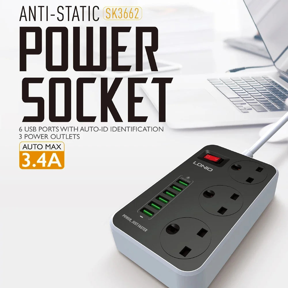 LDNIO SK3662 20W Fast Charging Power Strip 3 AC Outlets 6 USB Ports Power Socket with 2m Cable - Black / UK Plug - 2