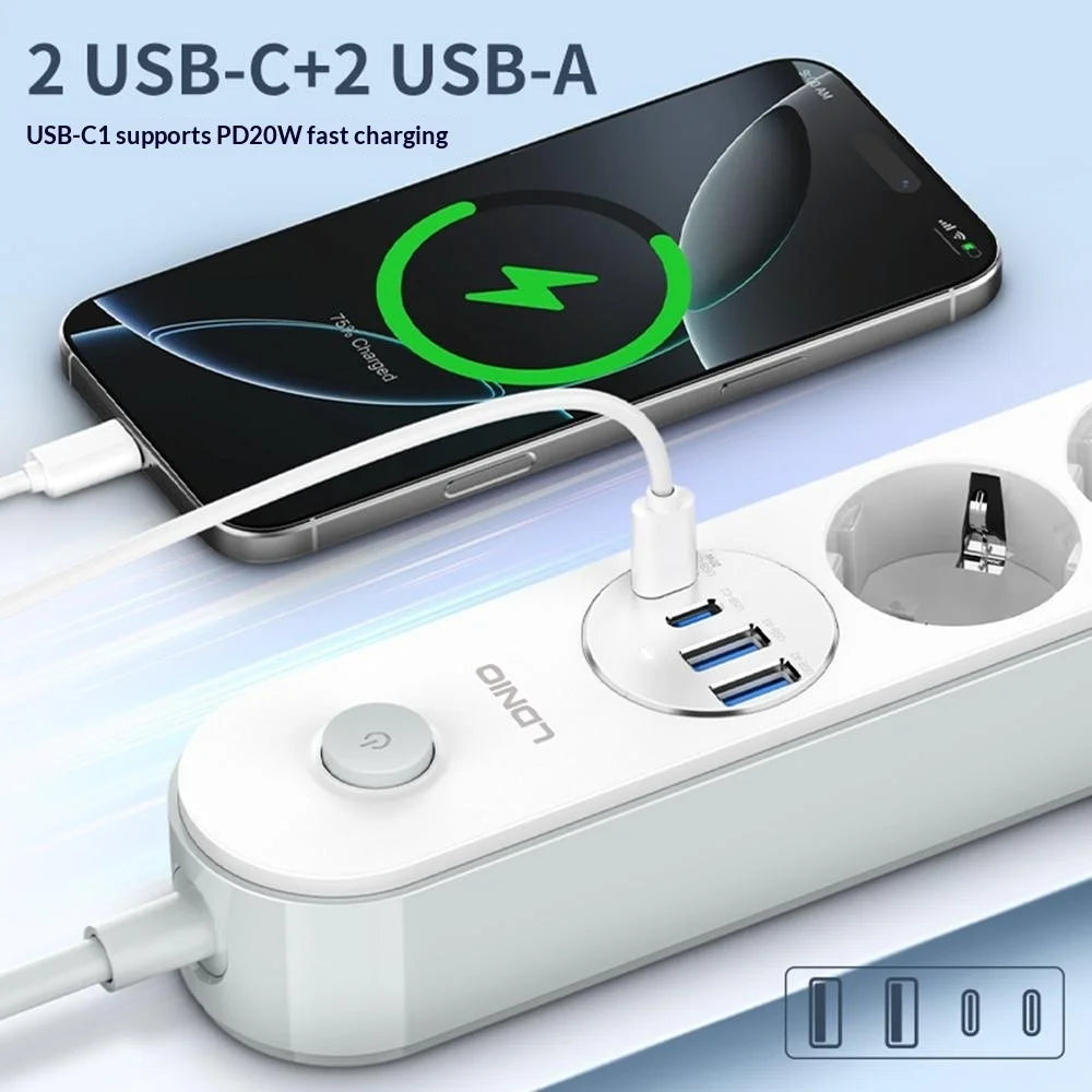 LDNIO SE1-C 20W PD Fast Charging Power Strip 4 EU Plug AC Outlets 4 USB Ports Extension Power Socket for Office Desktop - White / EU Plug - 2